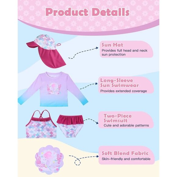 Toddler 3T Girls Mermaid Swim Set 4-Piece UPF 50+ Rash Guard Tankini Pink Purple - Picture 6 of 12